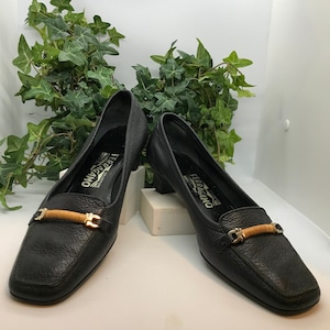 Retro Black Pebbled Leather Ferragamo Loafer Pumps-Black Leather Loafer Shoes 7B Business-Ferragamo Salvatore Chunky Heel Square Toe Pumps