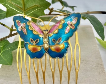 Vintage 80s Butterfly Cloisonné Hair Comb/ Enamel Floral Gold Turquoise Decorative Hair Accessory/Asian Motif Flower Wedding Hair Adornment