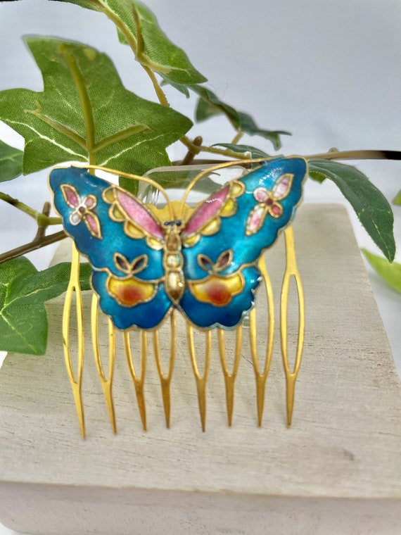 Vintage 80s Butterfly Cloisonné Hair Comb/ Enamel 