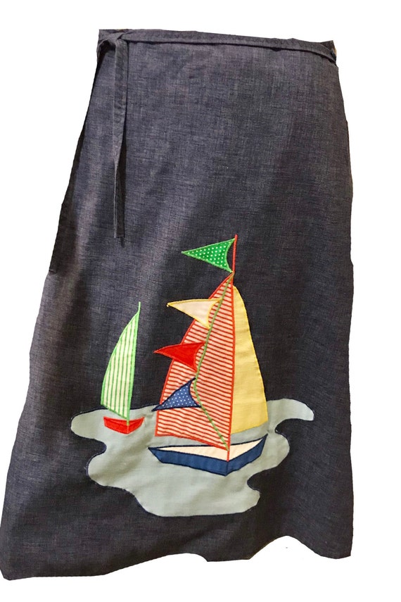 Vintage 1970s Sailboat Wrap Reversible Denim Skirt