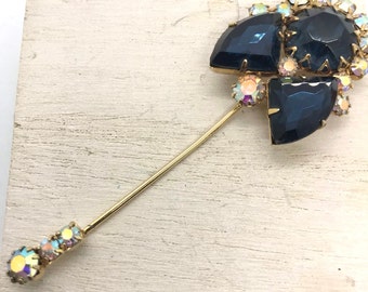 Retro Rhinestone Art Deco Gold Blue Stick Pin-Geometric Gold Blue Rhinestone Stick Pin-Art Deco Rhinestone Aurora Borelis Stick Pin Brooch