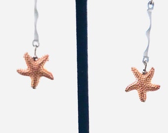 Handcrafted Upcycle Orange Starfish Dangling Drop Earrings-Handmade Enamel Coastal Jewelry Orange Starfish Earrings-Mother’s Day Gift