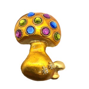Vintage Rhinestone Mushroom Brooch, 90s Enamel Toadstool with Ladybugs