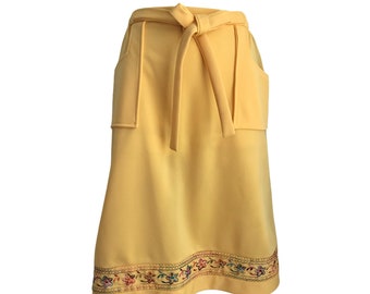 Retro Floral Embroidered Yellow Midi Skirt-Medium Floral Marigold Saffron Yellow A-line Midi Skirt-Medium Floral Pork Chop Pockets Skirt 70s