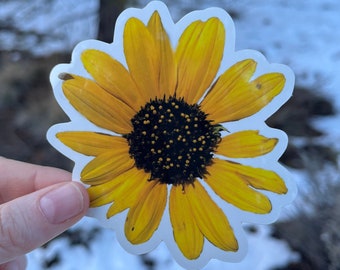 May include: A yellow sunflower sticker with a black center. The sticker is on a white background.