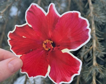 May include: A red hibiscus flower sticker with a white outline. The flower has a yellow center with a red stigma.