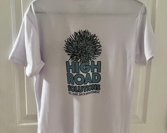 May include: White t-shirt with a blue and black graphic of a stylized flower with the text "HIGH ROAD SOLUTIONS GIS, LIDAR, DATA MANAGEMENT" underneath.