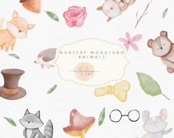 Woodland Nursery Clipart, Woodland Animals Clipart, Forest Animal Clipart, Watercolor Nursery Animals, Fox, Bunny, Bear, Raccoon MC 12