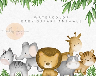 Baby Safari Animals Watercolor Clipart, Jungle Animals Clipart, Nursery Decor, Printable Wall Decor, Digital Elephant, Lion, Giraffe MC 007