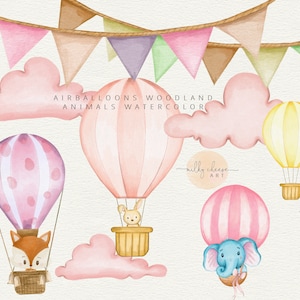 Ballons Clipart, Wald Tiere Aquarell Clipart, Kindergarten Tiere, rosa Elefant, Fuchs, Hase, Luftballon MC 010