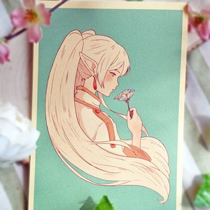 May include: Illustration of a character with long, flowing white hair and pointed ears, holding a blue flower. The artwork features a soft color palette with a teal background and a cream-colored border. The character is wearing a white outfit with orange accents.