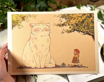 Impresión del arte del gato y la niña Postal
