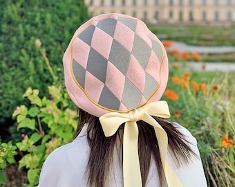 Pink and blueish checkered pattern beret