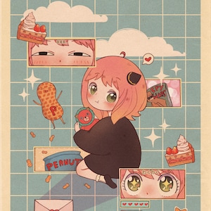May include: Illustration of a cartoon character with pink hair holding a stuffed animal. The image includes Japanese text, a peanut character, a cake slice, and the word "PEANUT" on a blue container. The background is a light blue grid.