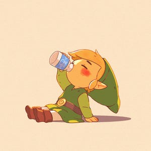 Postal con impresión artística de Link bebiendo leche LonLon