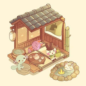 Postal con impresión artística de Pokémon Onsen de Animal Crossing