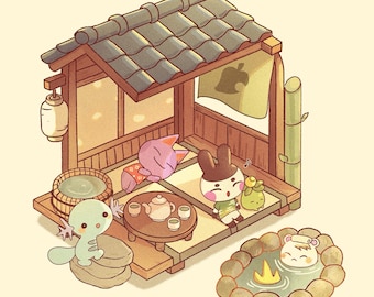 Animal Crossing Pokemon Onsen Art Print Postcard
