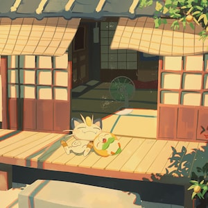 May include: A digital illustration of a cream-colored cat-like creature with brown ears and a gold coin on its forehead resting next to a round, yellow, green, and white creature on a wooden porch of a traditional Japanese-style house.