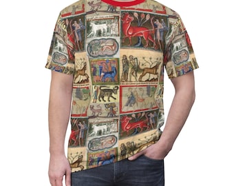 Medieval Goats Spraying Knights with Flaming Poo Unisex AOP Cut & Sew Tee