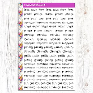 May include: A sheet of colorful stickers with various words and phrases, including "love", "praise", "fear", "depression", "anger", "prayer", "worship", "women", "holy spirit", "family", "strength", "faith", "giving", "salvation", "repentance", "promises", "marriage", "forgiveness", "sin", and "kindness".