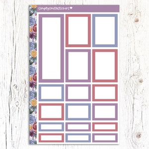 May include: A sheet of printable planner stickers with a floral border. The stickers are in various sizes and shapes, with a mix of purple, red, and blue colors.