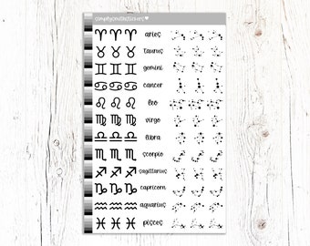ZODIAC SIGNS Mix Stickers- Black & White Stickers | Planner Stickers | Celestial Stickers | Functional Stickers | Astrology Stickers