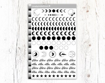 MOON PHASES Mix Stickers- Black & White Stickers | Planner Stickers | Celestial Stickers | Functional Stickers | Astrology Stickers