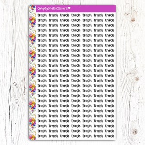 May include: A sheet of stickers with a floral border and the repeated text "trash trash trash trash trash trash trash" in black.