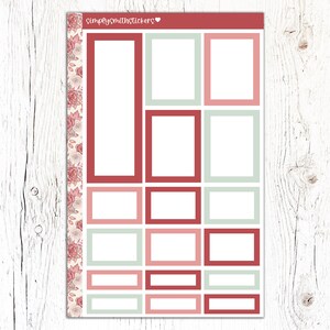 May include: A set of printable planner stickers with a floral border. The stickers are in various sizes and shapes, with a mix of red, green, and white frames.