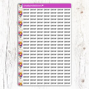 May include: A sheet of stickers with a floral design and the word "soccer" repeated multiple times. The stickers are on a pink background.