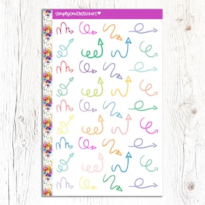 May include: A sheet of colorful doodle arrow stickers. The arrows are in various colors, including pink, blue, green, yellow, and orange. The stickers are arranged in rows on a white background.