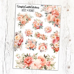 May include: A sheet of stickers featuring watercolor illustrations of pink and peach roses and peonies. The stickers are arranged in a grid pattern and are perfect for adding a touch of floral beauty to planners, journals, and other craft projects. The text "Simply Smith Stickers" and "Roses & Peonies" is printed at the top of the sheet.