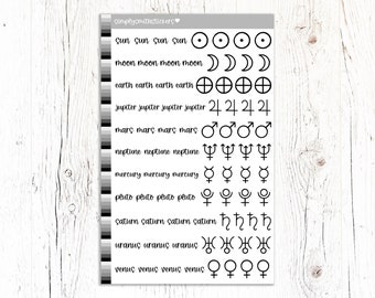 PLANET SIGNS Mix Stickers- Black & White Stickers | Planner Stickers | Celestial Stickers | Functional Stickers | Astrology Stickers