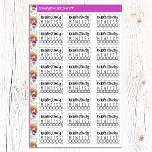 May include: A sheet of 18 colorful stickers with a floral design. Each sticker has a black and white check box with the text "Bible Study" and the days of the week abbreviated as "MTWTFSS".
