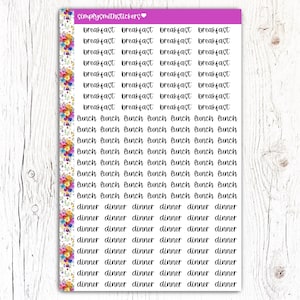 May include: A sheet of planner stickers with the words "breakfast", "lunch", and "dinner" in a handwritten font. The top of the sheet has the text "Simplysmithstickers". A floral border with colorful flowers and green leaves runs along the left side.