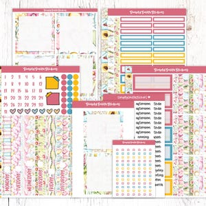 May include: A set of planner stickers with a floral theme. The stickers include numbers, days of the week, and various phrases like "afternoon", "todo", and "work". The stickers are in shades of pink, yellow, blue, and green.