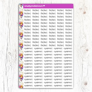 May include: A sheet of colorful stickers with the words "lashes" and "eyebrows" repeated multiple times. The stickers are decorated with floral designs.