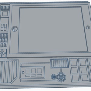 May include: A gray and blue control panel with a screen, buttons, and knobs. The panel has a rectangular shape and is made of metal.