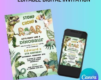 May include: Editable digital invitation for a dinosaur themed birthday party. The invitation features a green, brown, and yellow color scheme with illustrations of dinosaurs and tropical leaves. The text reads "Stomp Chomp & Roar Let's Party Like a Dinosaur Join us for a Dino-Mite party as we celebrate Edward's 6th Birthday Saturday, February 8th 10:30am to 1:30pm 1689 Main Street Greenville RSVP Jane 568-9569-566 by January 15th 20XX".