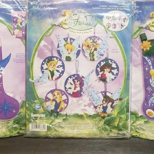 3 Disneys Tinkerbell Christmas Stocking Fairies & Friends  Christmas Ornament  Felt Embroidery Applique Beaded Sequin  Kit lot