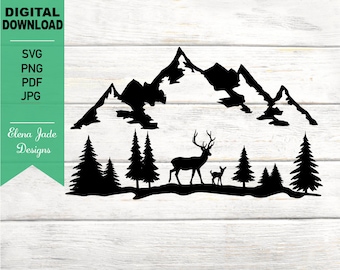 Download Deer Pond Silhouette Mountain Sunrise Svg Deer Drinking Water Svg Rocky Nature Lake Scene Thirsty Deer Dxf Pine Woodland Svg Jpg Png Clip Art Art Collectibles