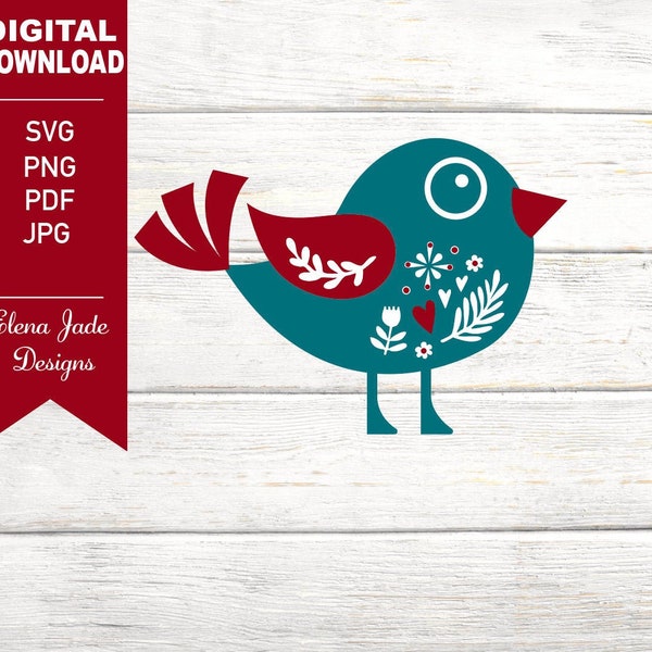 Bird SVG, Scandinavian Bird, Floral Bird, Scandi Animal, Nordic, Icelandic, Christmas, Wood Animal, Commercial Use Cut File, PNG, JPG