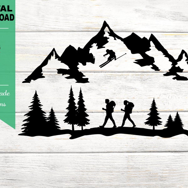 Wanderer und Skifahrer in Berg und Wald, Wandern in den Bergen, Wandern im Wald, Wanderer im Wald, Bergsteigen Silhouette SVG PNG, JPG