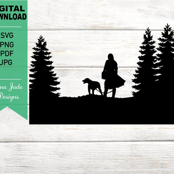Girl Walking Dog in the Forest Svg, Woman and Dog in Woods, Pine Tree Forest, Dog Silhouette, Outdoors, Silhouette SVG Cut File, PNG, JPG