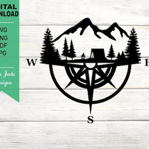 Tent Svg, Tent in Mountain and Forest, Compass Svg, Mountains, Camping, Woods Svg, Hiking, Pine Trees, Silhouette SVG Cut File, PNG, JPG