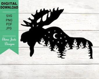 Alce SVG, Sagoma di alce, Foresta di alci, Animali del bosco, Alberi di pino alce, File di taglio Svg Silhouette, PNG, JPG