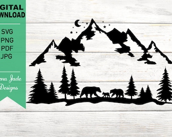 Bears in Mountain and Forest, Bears in Mountains, Bears in Forest, Bears in Woods, Outdoors, Silhouette SVG Cut File, PNG, JPG