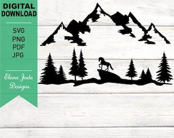 Wild Horse Svg, Mountains and Forest, Mountain Range, Bronco, Horse Svg, Outdoors, Horse in Mountains, Pine Tree Forest, Silhouette