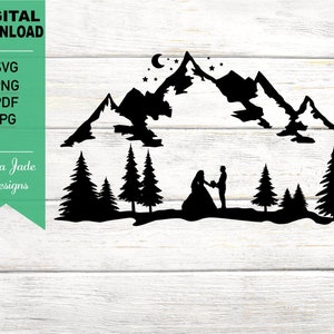 Hochzeit in Berg und Wald, Hochzeit svg, Braut, Bräutigam, im freien, Kiefer Bäume, Silhouette SVG geschnitten Datei, PNG, JPG