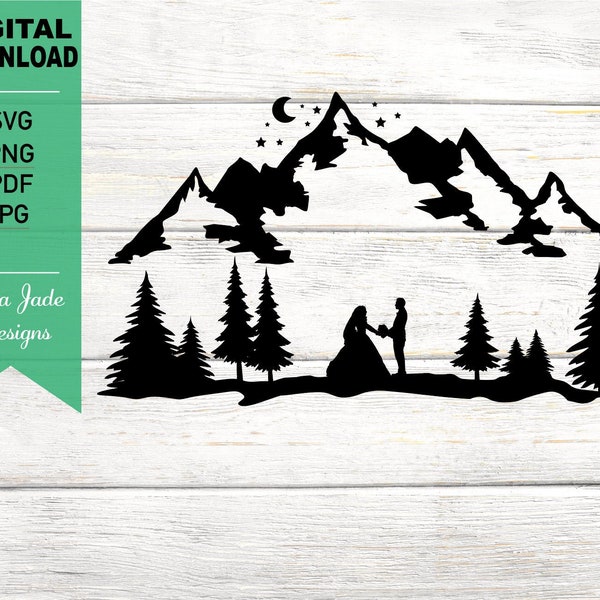 Wedding in Mountain and Forest, Wedding svg, Bride, Groom, Outdoors, Pine Trees, Silhouette SVG Cut File, PNG, JPG